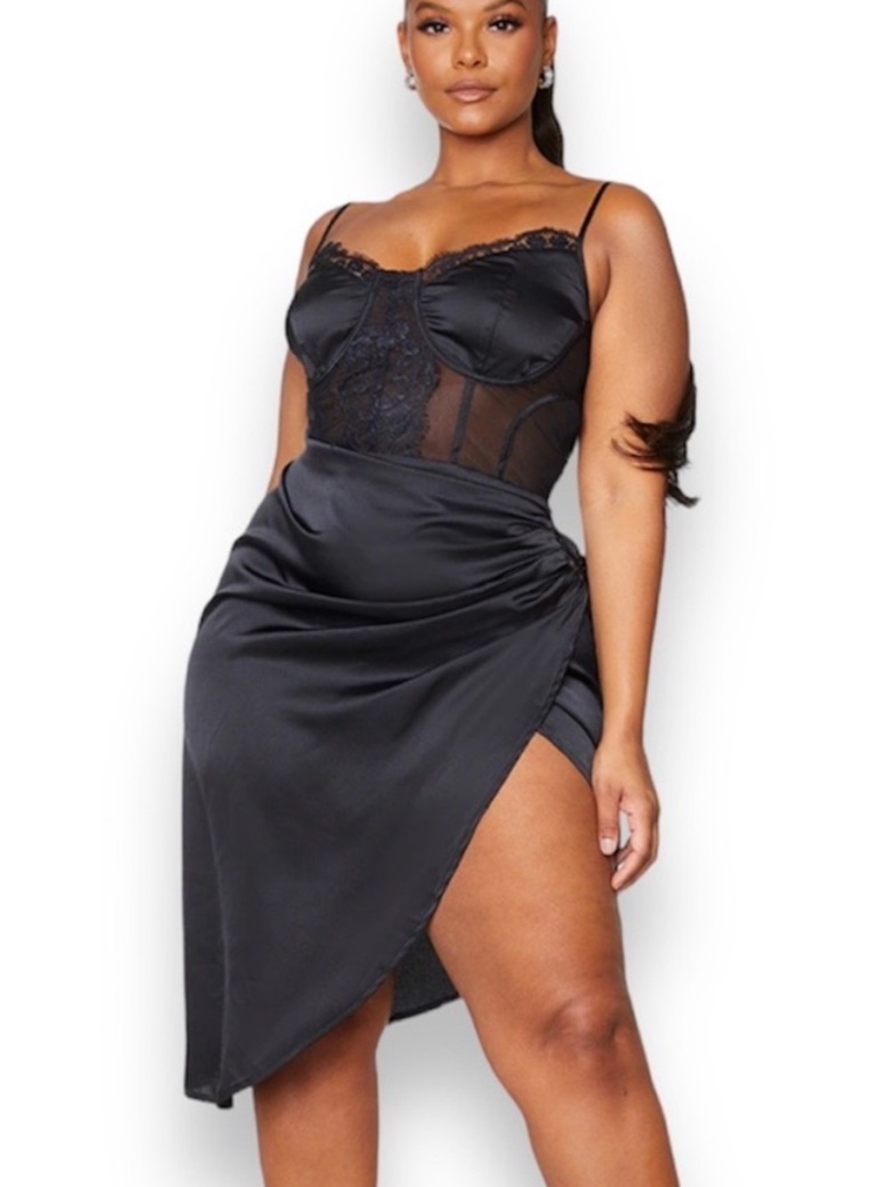 PrettyLittleThing Mesh Detail Ruched Side Midi Dress